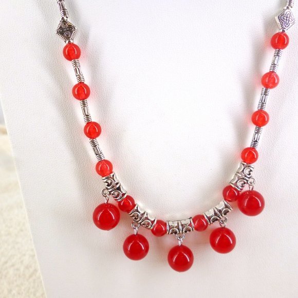 Jewelry Red Glass Bead Fringe Necklace Textured Silver Tone Boho 18